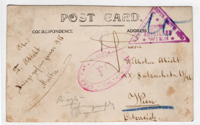 Malta POW mail WWI ppc showing KAISER with Malta + Vienna censor marks 1915