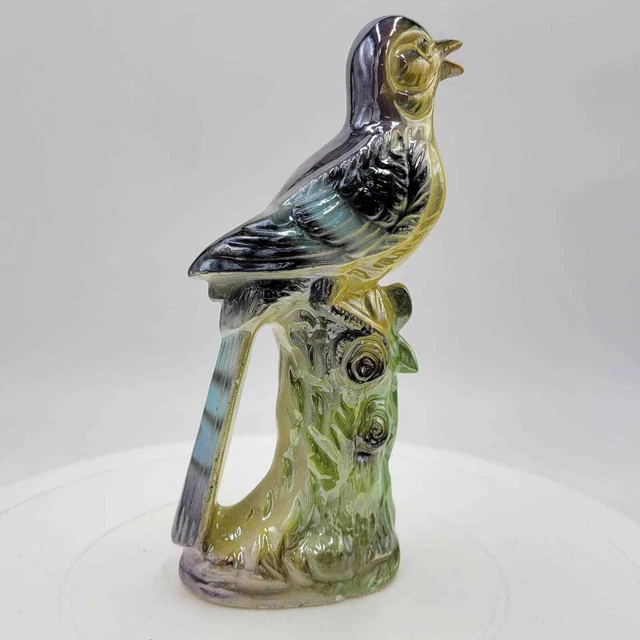 Vintage Iridescent Blue Bird Glazed Ceramic Figurine Sculpture 7" Mid Century