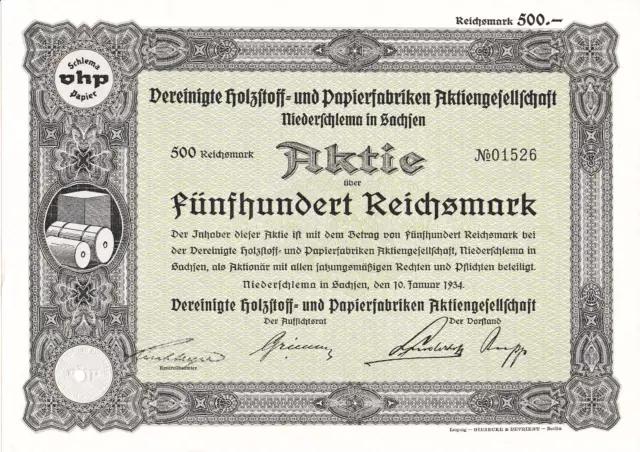 V. Holzstoff- und Papierfabriken AG Niederschlema Aktie 1934 Sachsen Aue Schlema