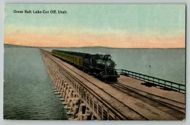 1900s Southern Pacific TRAIN Great Salt Lake Cut Off, Utah City Postcard UT