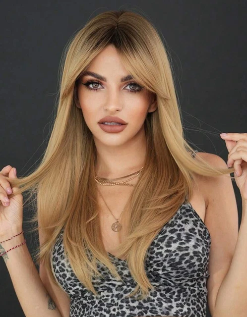 Perruque Synthétique Longue Blonde Doré Clair Avec Frange - Bonnet Moyen + 4 Bonnets Inclus