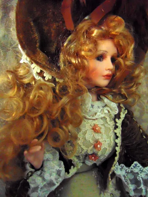 Emerald Doll Porcelain Doll 22 "Blonde Hair In Ringlets Brown Eyes Brochade Dres