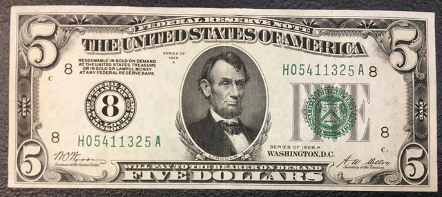 1928A 5 FRN Federal Reserve Note : Fr 1951-H : St Louis SCARCE Numeric 8 ✔
