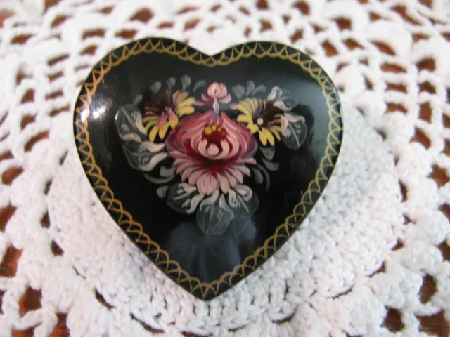 Vintage Heart-Shaped Hand Painted Russian Wooden Lacquer Brooch Flowers~ Signed