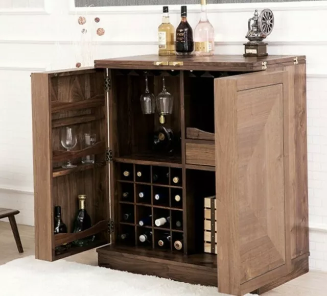 Bar Cabinet Cupboard Walnut Wine Rack Storage Timber Hand Carved Shelves  New