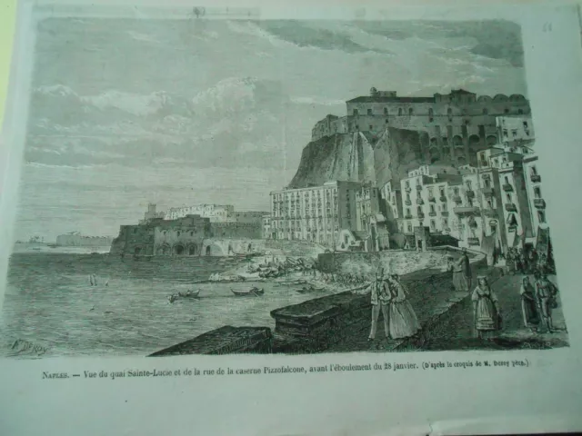 Gravure 1868 - Naples Vue du quai Sainte Lucie caserne Pizzofalcone