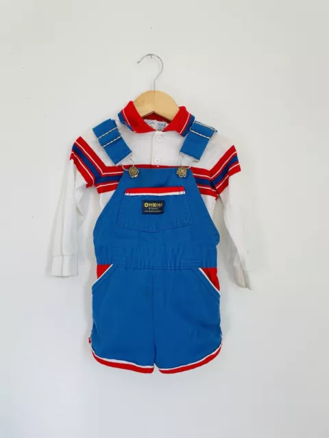 Vintage Osh Kosh Shortalls Boys Girls 3T Blue Red White OVERALLS & SHIRT