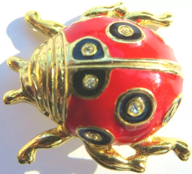 Vintage Red & Black Enamel Crystal Rhinestone Ladybug Brooch Gold Tone