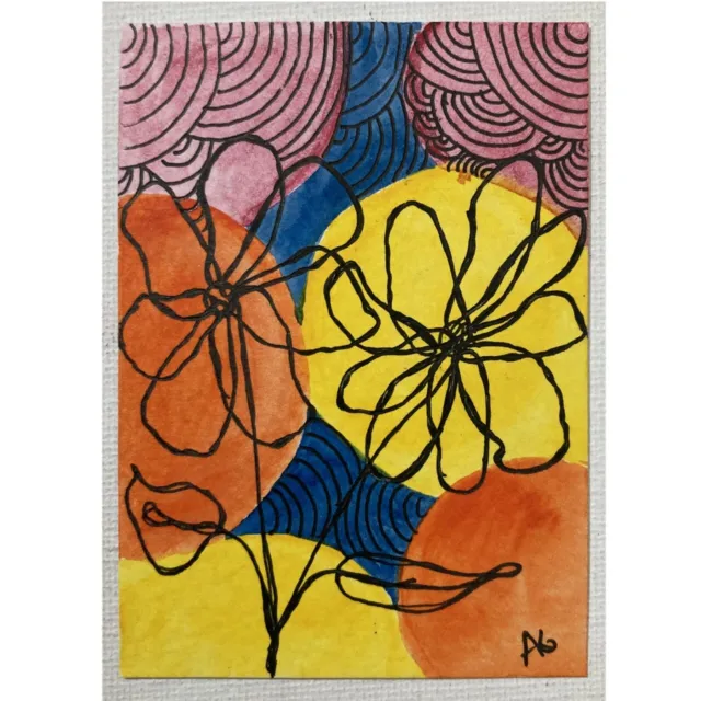 ACEO ORIGINAL PAINTING Mini Collectible Art Card Signed Abstract Flower Ooak