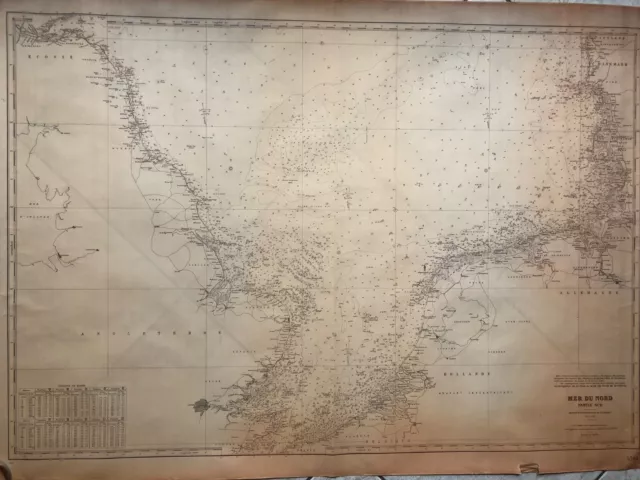 MER du NORD, carte marine ancienne 1913, 106x75 cm, bon état