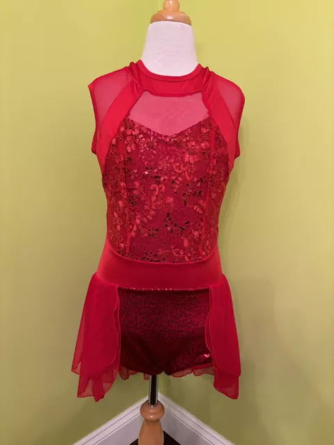 Curtain Call Dance Costume J5434 Medium Adult Red Sequin Mesh Cap Sleeve Skirt