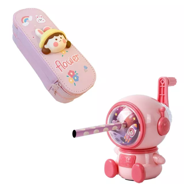Kids 2-in-1 Big Pen & Pencil Pouch and Astronaut Design Pencil Sharpener Pink
