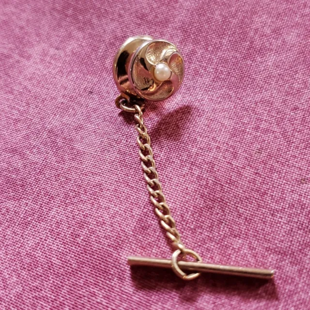 Vintage Faux Pearl Tie Tack Lapel Hat Pin Gold Tone Bar Round Circle Chain P1