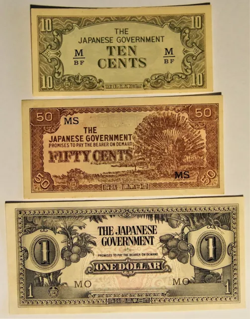 1942 Malaya - Japanese Invasion Money - 3 notes in better grades - EF to a UNC