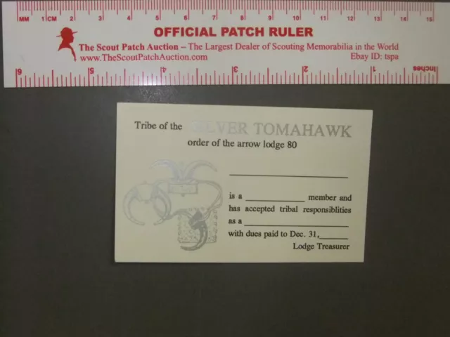 Boy Scout OA 80 Silver Tomahawk Lodge Membership Card 3034EE