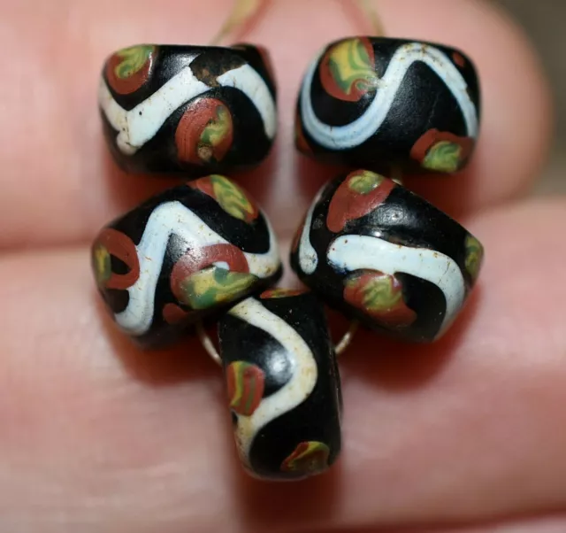 Antique Venetian Lampwork Black Eye Disc Beads Meandering Stripes, African Trade