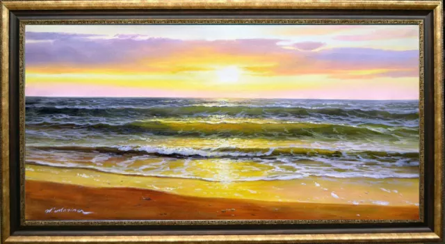 Extra Large Seascape "Golden Sea Daylight Surf" Listed Artist Painting Canvas