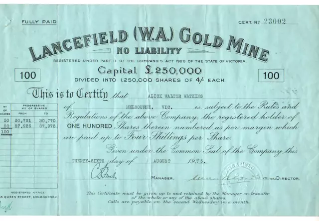 Australia - Share Scrip. 1935 Lancefield (W.A) Gold Mine N/L..