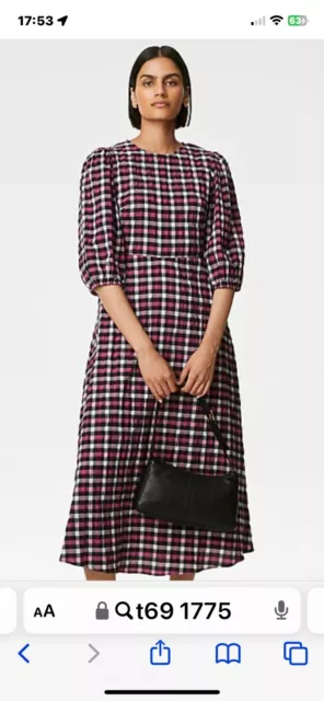 M&S Dress Size 12 Pink Black White Gingham Seersucker Puff Sleeve MIDI Maxi New