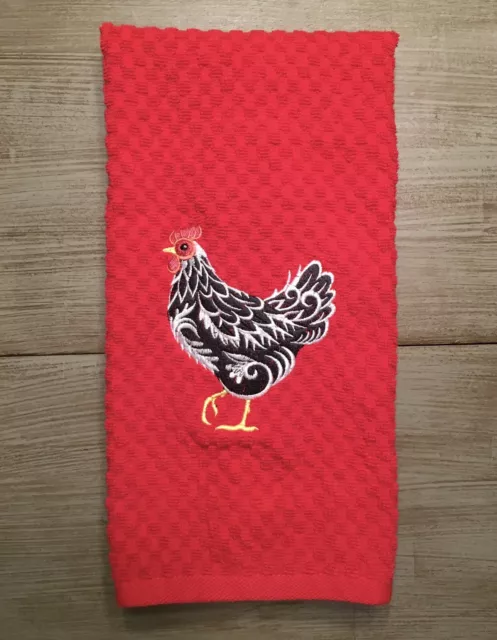 Embroidered Plymouth Rock Hen Black White Chicken Kitchen Terry Dish Hand Towel