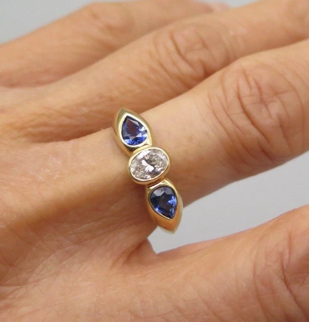 18K Diamond & Blue Sapphire 3 Stone Ring; Vintage; Oval Diamond, Pear Sapphires