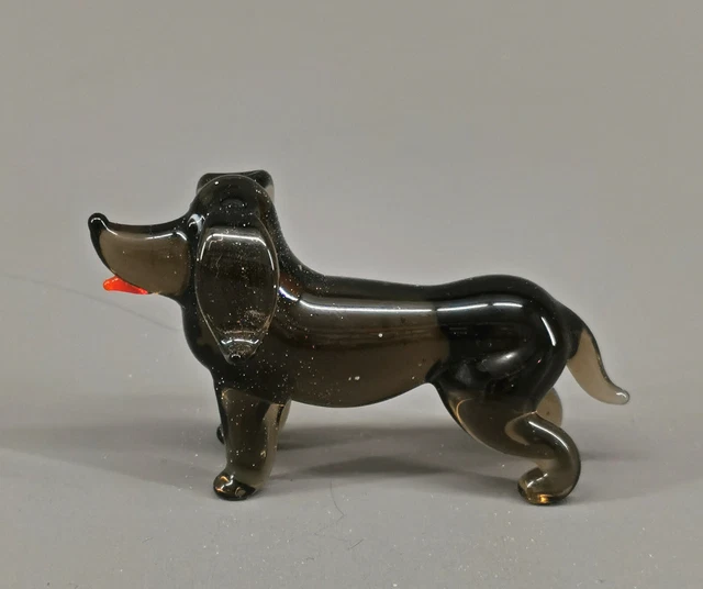 9912099-x Vetro Figura Cane Bassotto Piedi Grigio Marrone 6cm Soffiato Bocca