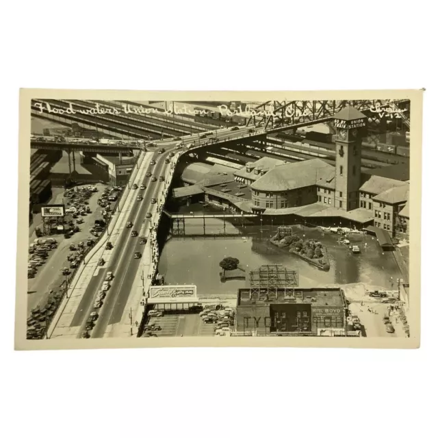 Flood Waters Portland Oregon Union Station Aerial Real Photo Postcard RPPC 1948