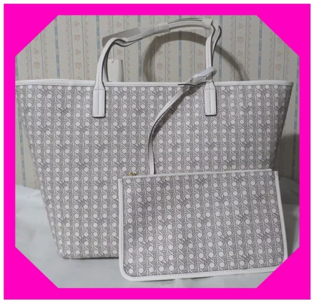 TORY BURCH EVER Basketweave New Ivory OPEN LARGE Tote Bag w POUCH  Nwtag $278