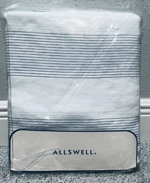 Allswell 100% Washed Linen Full/Queen Duvet Cover White W/ Navy Stripes New