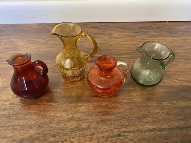 Crackle Glass Pitcher Creamer Vase Lot Of 4 Amberina Orange Yellow Green Red