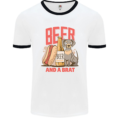 Beer and a Brat Funny Dog Alcohol Hotdog Mens White Ringer T-Shirt