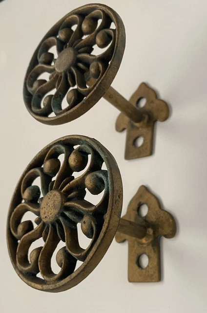 Vintage Two 3” Round Brass wall mounts drapery Curtain hold backs Very Nice Cond