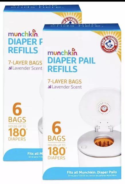 2/Munchkin Arm & Hammer Diaper Pail Snap with Seal and Toss Refill Bags 12 Count