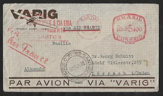 Brazil To Germany Varig  + Air France Air Mail Cover Meter Cancel 1938