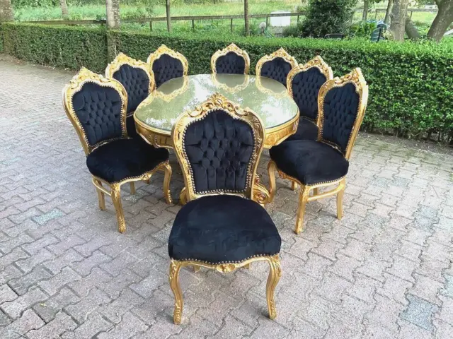 Glamorous 1990s Baroque/Rococo Dining Set: Gold and Black Velvet - 9 Pieces