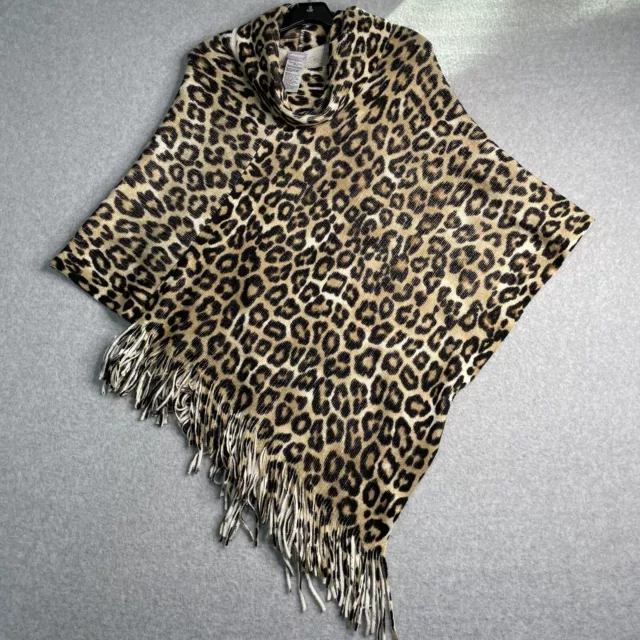 CHICOS Poncho One Size Leopard Cowl Neck Fringe Asymmetrical Pullover