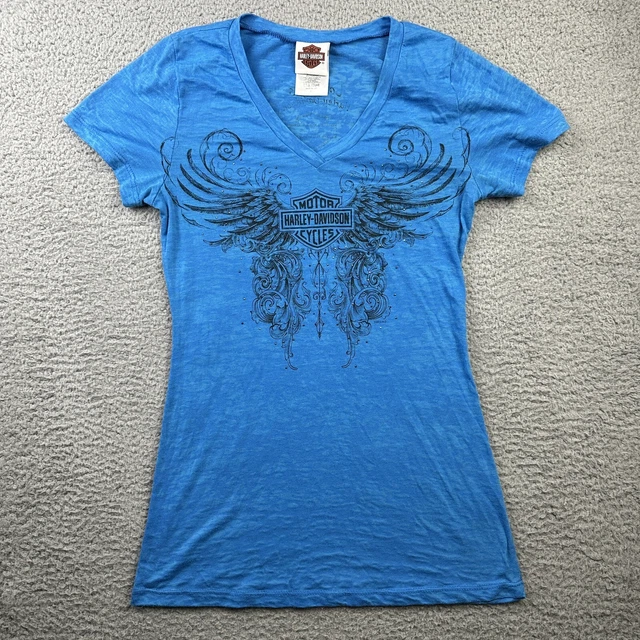 Harley Davidson Top Womens Large Blue Shirt V Neck Shortsleeve Bedazzled Ornate