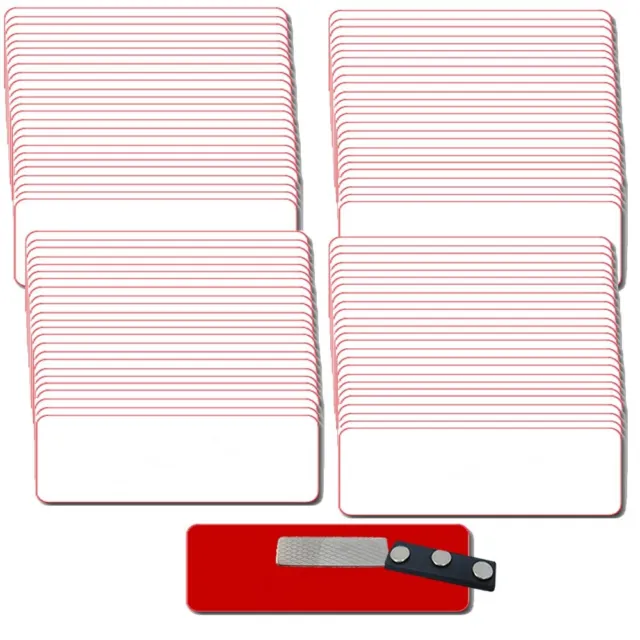 100 Blank 1 X 3 White / Red Name Badge Kit (U) Tags 1/8" Corners Magnets Labels