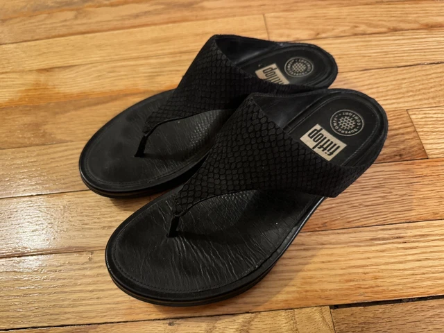 FITFLOP L88-001 Banda Black Suede Snake Print Comfort Flip Flop Women’s Size 8