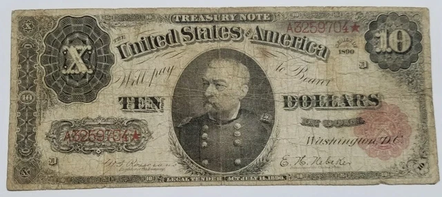 1890 Treasury Note -TEN DOLLARS- Gen Sheridan  Red Star A3259704* EXTREMELY RARE