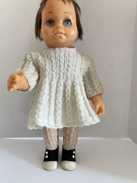 1960’S Mattel Tiny Chatty Baby 15” Doll Brunette Hair W/ White Knit Dress Outfit
