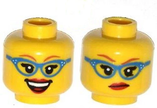 LEGO - Minifig, Head Female Glasses w/ Blue Frames, Red Lipstick, Smirk / Smile