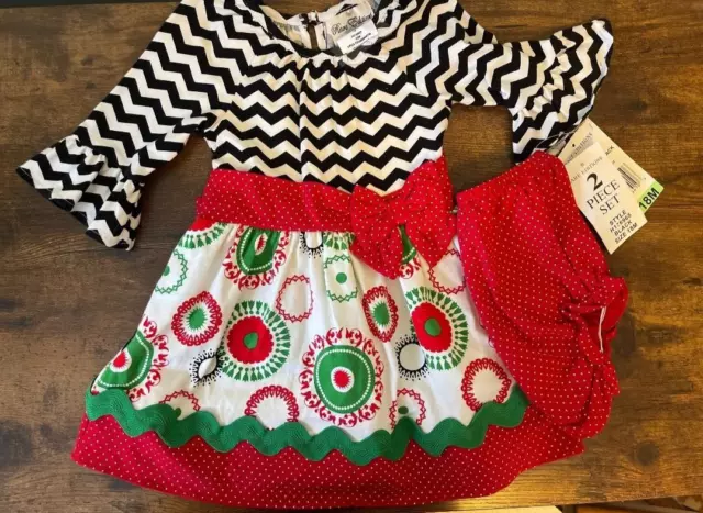 Boutique RARE EDITIONS Toddler Girl 18 Months Christmas Applique 2 PC. Dress Set