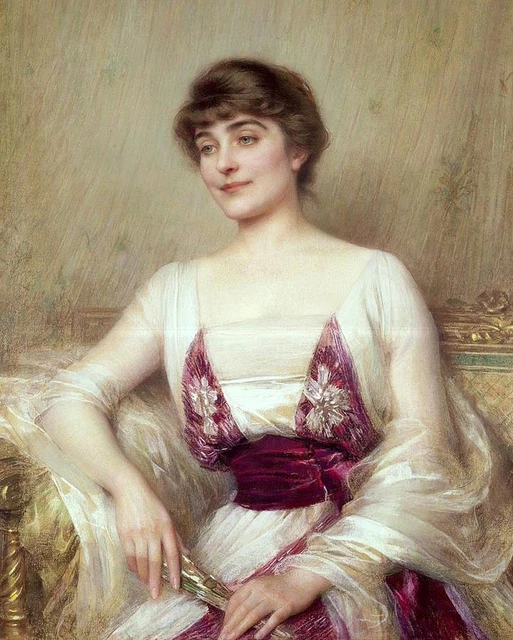 Oil painting Portrait Young nice noble lady seated with fan free shipping cost A