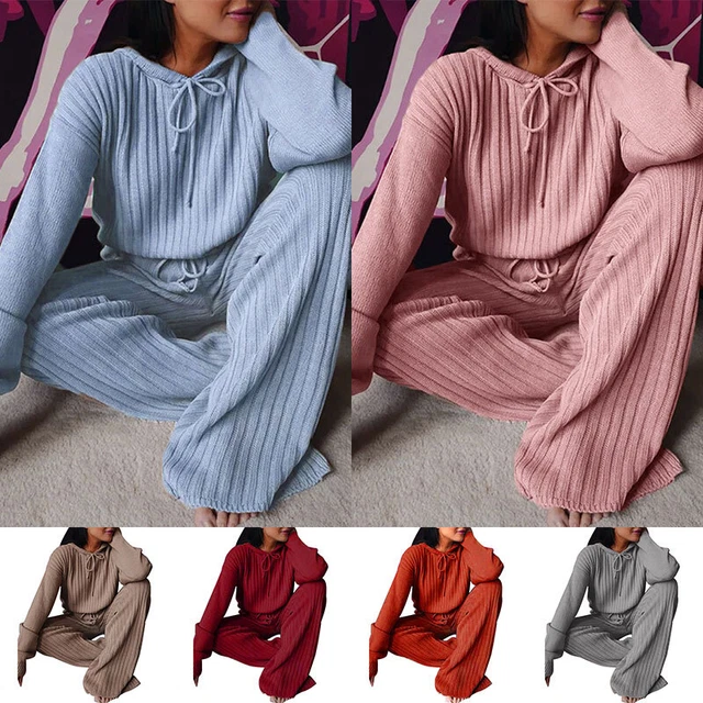 Femmes Ensemble Deux Pièces Tricot Pyjama Tenues Long Manche Couleur Unie Usu 》