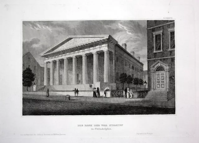 1840 - Bank Philadelphia Pennsylvania America steel engraving antique print