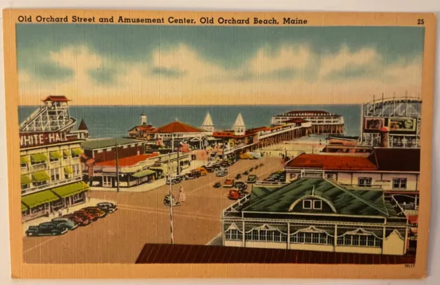 Vintage Linen Old Orchard St and Amusement Center, Old Orchard Beach ME Postcard