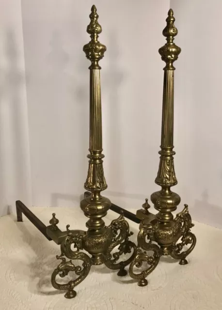 Fine Late 19th Century Victorian Cast Brass Andirons with Sea Serpents 30” RARE