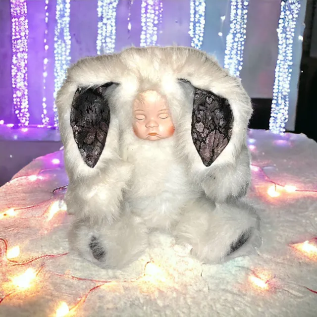 VTG Wondertreats Baby Bunny White Rabbit Plush Doll Porcelain Face Jointed 15”