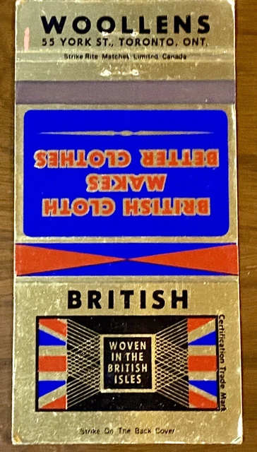 BRITISH Woollens Toronto Ontario Canada Vintage 30-Strike Matchbook Cover B-1653